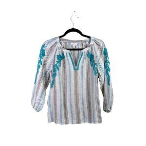 J. Jill Casual Linen Stripe Embroidered Top Petite XS